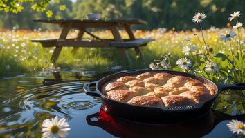 Cast Iron Skillet Cake Floating on Water in Sunny Meadow photo