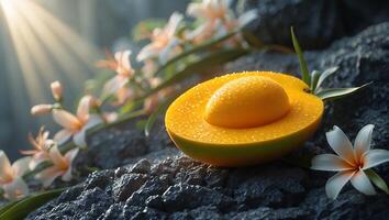 Sliced Mango Displayed Among Tropical Flowers on a Rocky Surface photo