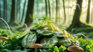 Cucumber and Pasta Salad with Dill in a Forest Setting photo
