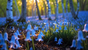 Bluebells Blooming in Forest Sunlight Beautiful Spring Landscape Scene photo
