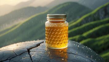Honey Jar on Wood Under Gentle Rain with Mountain View photo