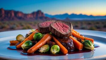 Delicious Steak and Roasted Vegetable Dish Presentation with Mountain Backdrop photo
