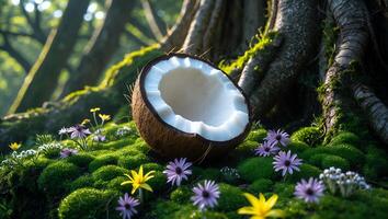 Open Coconut Resting Among Moss and Flowers in a Forest Setting photo
