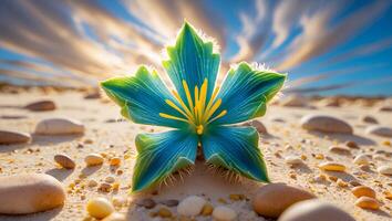 Blooming Flower on Sandy Beach with Sky and Stone Accents photo