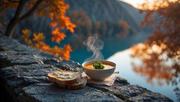 Soup with Bread Enjoying Peaceful Moment by Lake in Autumn photo