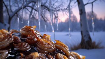Serving Caramelized Onions in a Winter Landscape with Frozen Icicles photo