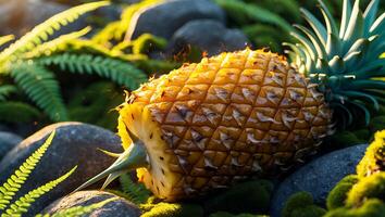 Ripe Pineapple Lying on Mossy Rocks with Ferns in Sunlight photo