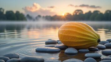 Gourd Resting on Rocks in Water with Sunrise and Mist photo