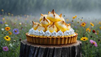 Lemon Meringue Tart Displayed on Tree Stump in Flower Field photo