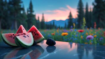 Watermelon Slices and Blackberry on Marble Surface with Mountain View photo