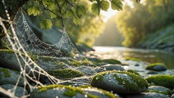 Spiderweb Covered with Dew Drops Near River with Sunlight photo