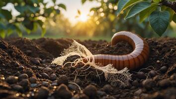 Earthworm Crawling on Soil at Golden Sunset in a Garden Setting photo