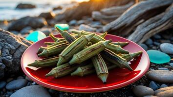 Grilled Okra Displayed on Red Plate at Seaside at Sunset photo