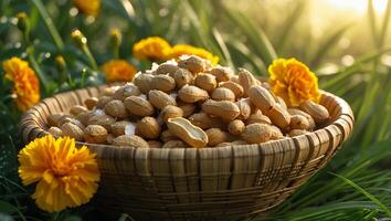 Peanuts in Basket with Flowers Outdoors in Sunlight photo