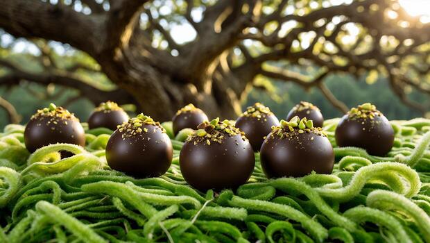 Chocolate Truffles Displayed on Green Tendrils with Nature Background photo