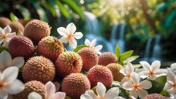 Arrangement of Lychee Fruits and White Flowers with Waterfall Backdrop photo