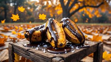 Roasted Bananas with Chocolate and Salt on a Wooden Table Autumn photo