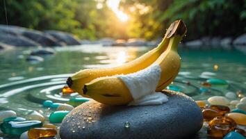 Banana with Yogurt on Rock in Nature Oasis, Tropical Setting photo