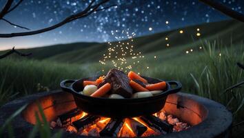 Cooking Hearty Stew Over Campfire Under Starry Night Sky photo