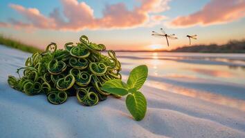 Plant Growing on Beach with Dragonflies and Sunset Sky Reflection photo