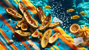 Grilled Banana with Chili Flakes on Colorful Striped Towel Background photo