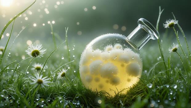 Flask with Liquid and White Formations Resting in a Grassy Field photo