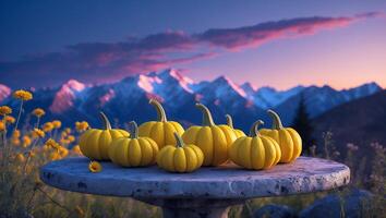 Pumpkins on Stone Table with Mountain Backdrop at Dusk photo
