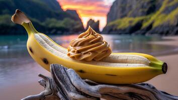 Banana Snack with Filling on Wood at Beach During Sunset photo