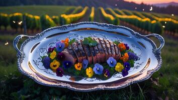 Sliced Roast Meat Garnished with Flowers Displayed on Silver Tray photo