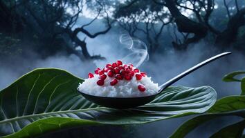 Steaming Rice on Spoon Garnished with Pomegranate Seeds in Nature photo
