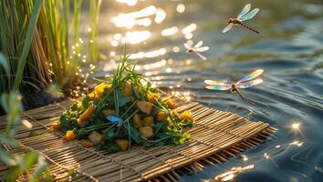 Food Still Life with Dragonflies Near the Water at Sunset photo