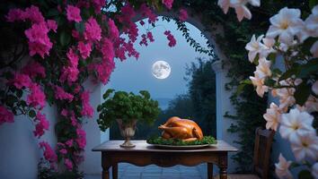 Turkey Dinner Under Moonlight with Flowers and Garden Setting photo