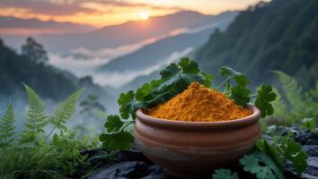 Turmeric Powder in Bowl with Cilantro Against Mountain Sunset photo