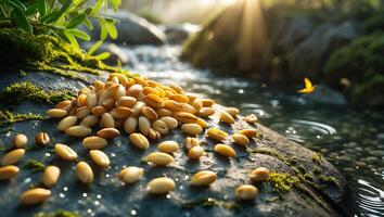 Pile of Wheat Berries on Mossy Rock Near Flowing Stream photo