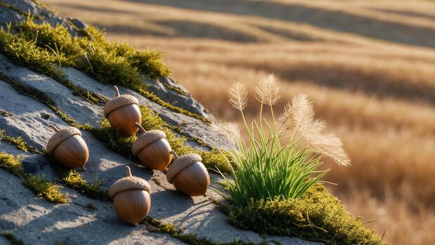 Acorns on Mossy Stone with Grass and Blurred Field Background photo