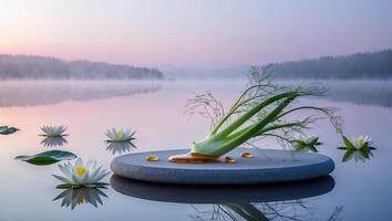Presenting Fennel Bulb with Liquid on Stone Platform in Serene Lake photo