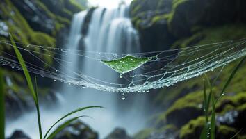 Spiderweb with Dewdrops and Leaf in Front of Blurred Waterfall photo