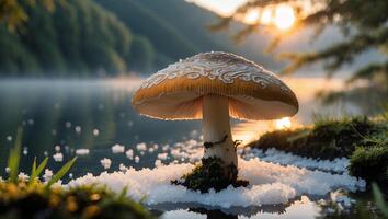 Mushroom Growing by Lake at Sunset with Snow and Moss photo