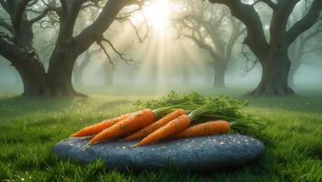 Fresh Carrots with Greens on Stone in Foggy Forest Sunlight photo
