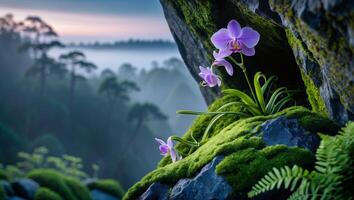 Orchid Blossoms Amidst Mossy Rocks at Misty Forest Landscape photo