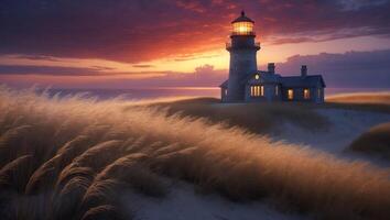 Lighthouse Shines at Dusk Above Golden Grass with Dramatic Sky photo