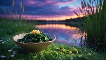Green Vegetable Dish by the Lake with a Colorful Sunset Sky photo