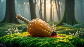 Candied Vegetable Dessert on Mossy Forest Floor with Syrup Detail photo