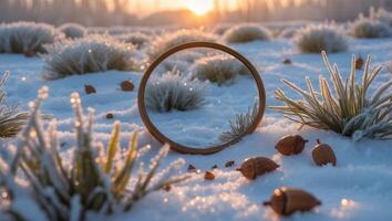 Acorns and Circle in Snowy Field Reflecting Sunrise Glow photo