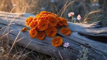 Orange Flowers Laying on Aged Wood Surrounded by Meadow photo