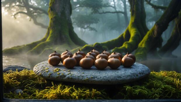 Gathered Small Onions on Stone Slab in Mossy Forest Scenery photo