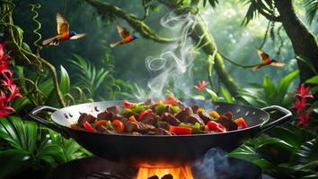 Stir-fry Cooking in Wok Over Fire in Jungle with Flying Birds photo