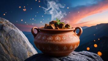 Steaming Pot of Stew on Mountain Top with Sunset Sky photo