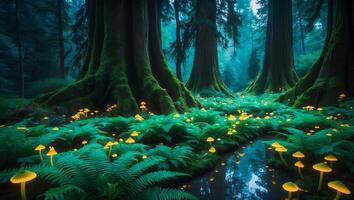 Glowing Mushrooms in Mystical Forest with Mossy Trees and Ferns photo