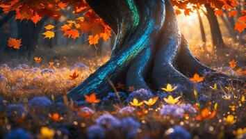 Maple Tree with Orange Leaves and Flowers in Forest at Sunset photo